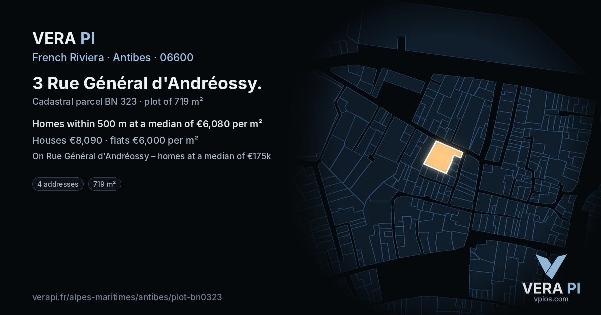 3 Rue Général d'Andréossy, Antibes at night – the plot lit, the parcels around coloured by the prices near them