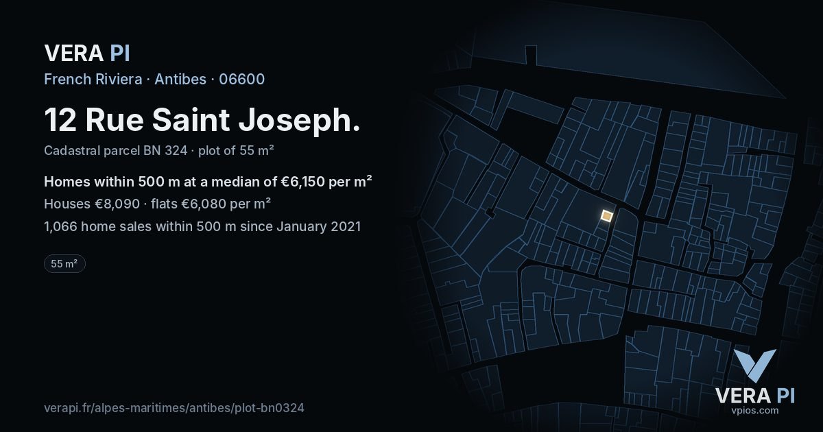 12 Rue Saint Joseph, Antibes at night – the plot lit, the parcels around coloured by the prices near them