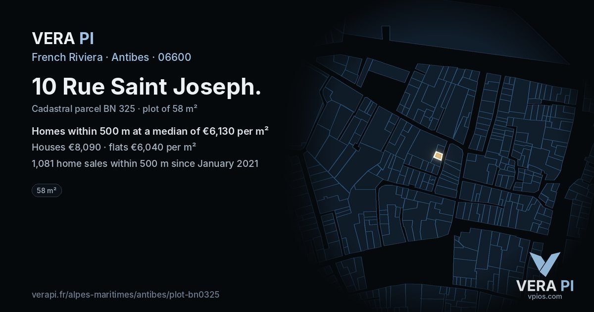 10 Rue Saint Joseph, Antibes at night – the plot lit, the parcels around coloured by the prices near them