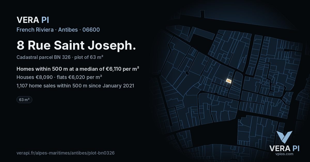 8 Rue Saint Joseph, Antibes at night – the plot lit, the parcels around coloured by the prices near them