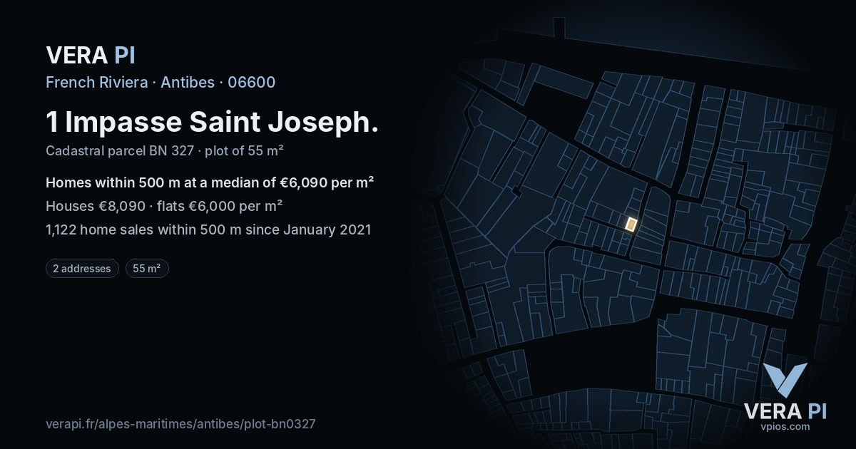 1 Impasse Saint Joseph, Antibes at night – the plot lit, the parcels around coloured by the prices near them