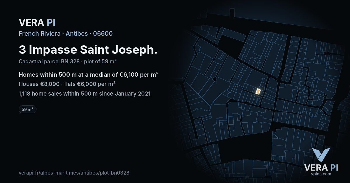 3 Impasse Saint Joseph, Antibes at night – the plot lit, the parcels around coloured by the prices near them