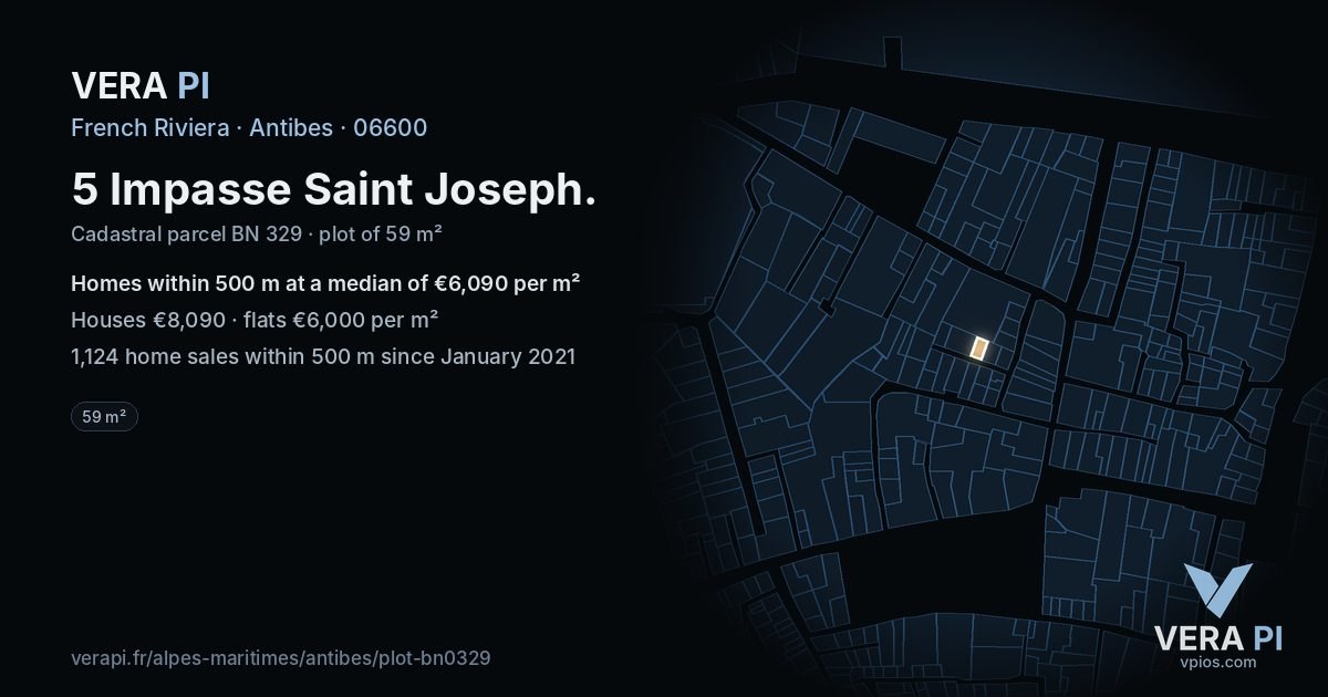 5 Impasse Saint Joseph, Antibes at night – the plot lit, the parcels around coloured by the prices near them