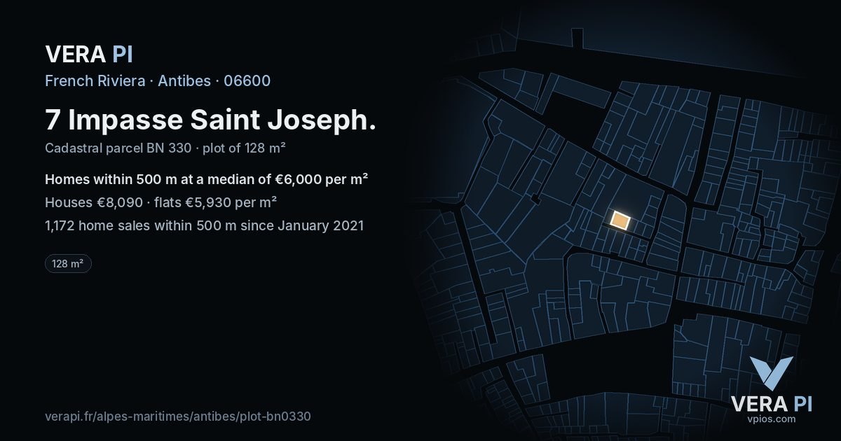 7 Impasse Saint Joseph, Antibes at night – the plot lit, the parcels around coloured by the prices near them