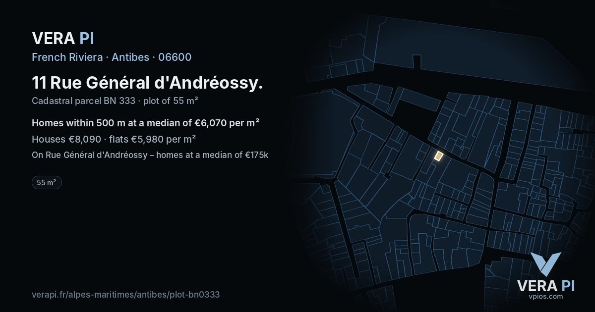 11 Rue Général d'Andréossy, Antibes at night – the plot lit, the parcels around coloured by the prices near them