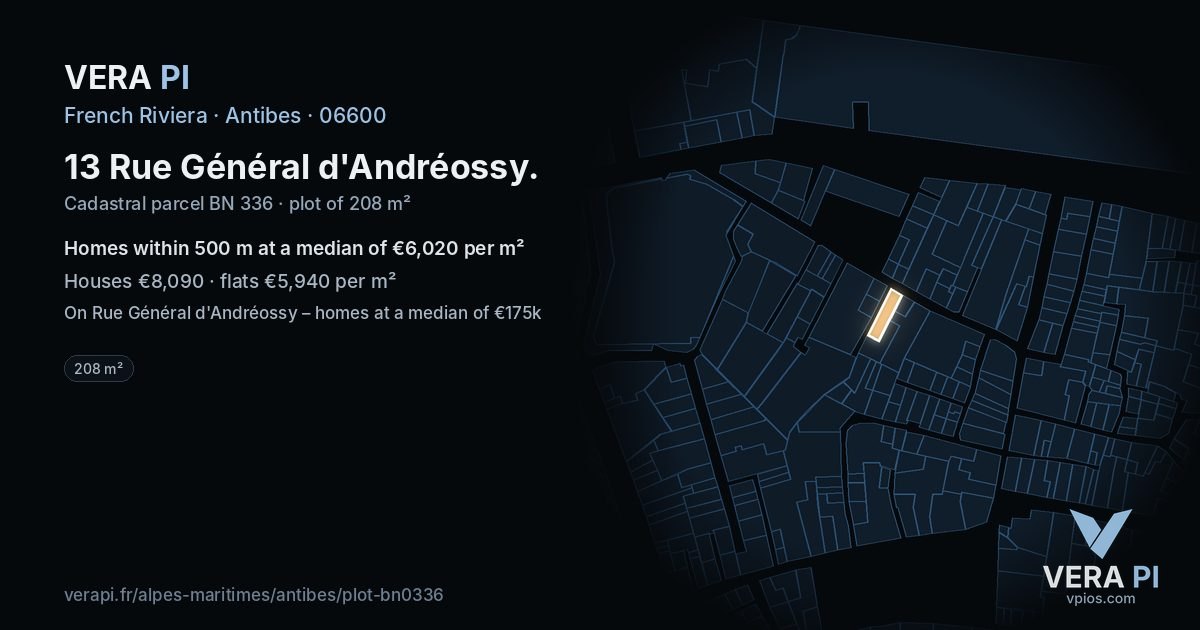 13 Rue Général d'Andréossy, Antibes at night – the plot lit, the parcels around coloured by the prices near them