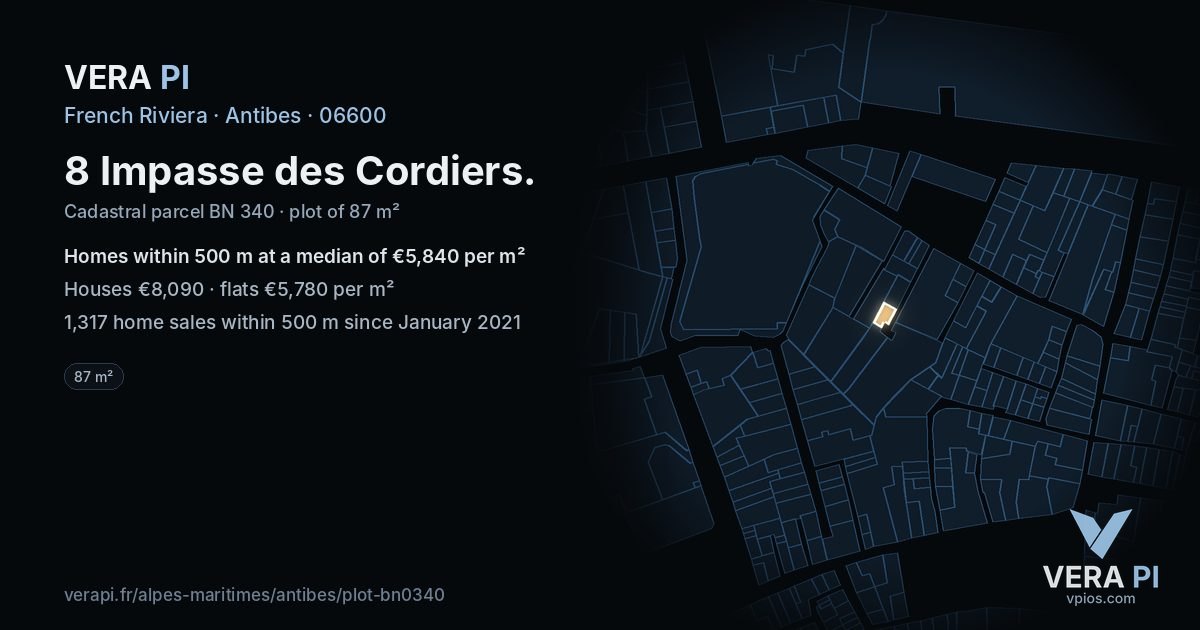 8 Impasse des Cordiers, Antibes at night – the plot lit, the parcels around coloured by the prices near them