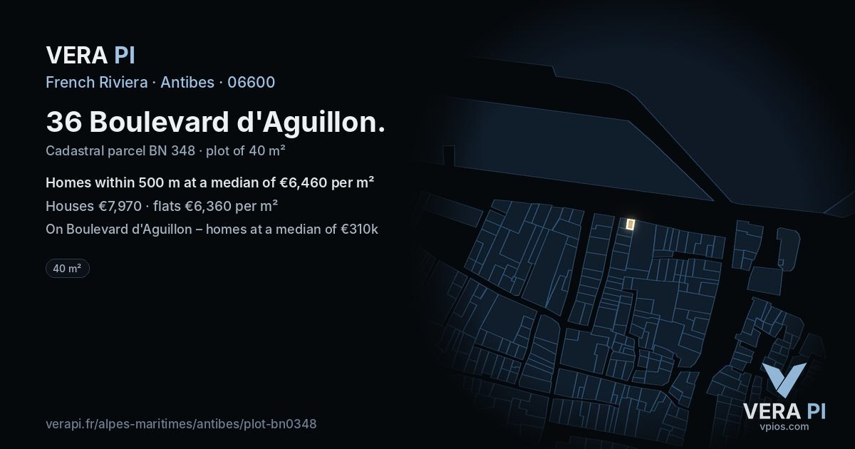36 Boulevard d'Aguillon, Antibes at night – the plot lit, the parcels around coloured by the prices near them