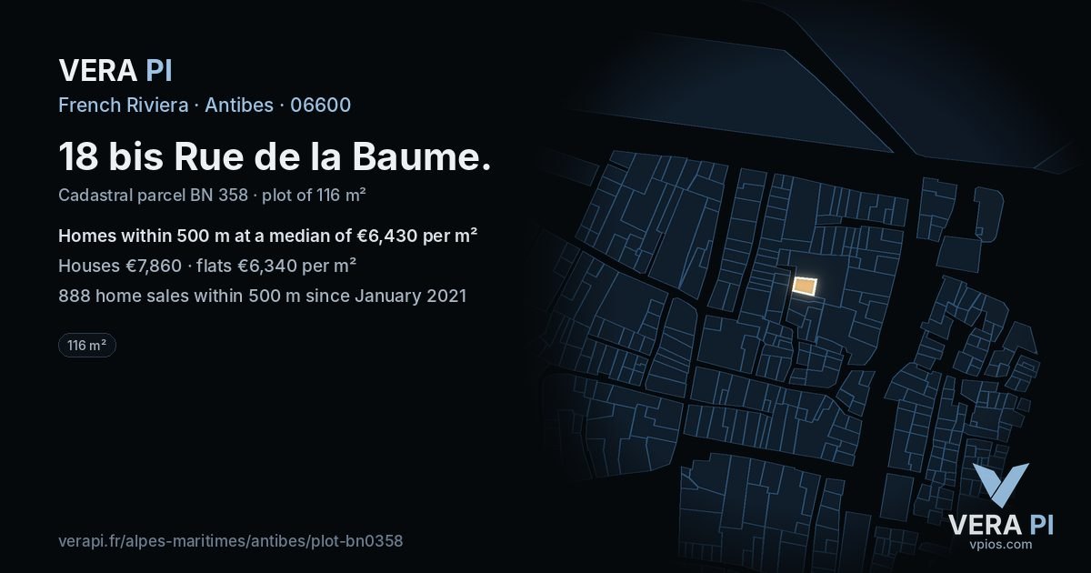 18 bis Rue de la Baume, Antibes at night – the plot lit, the parcels around coloured by the prices near them
