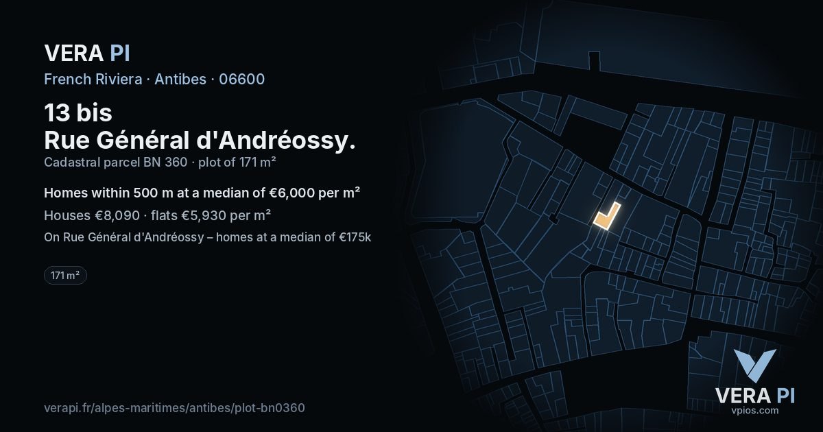 13 bis Rue Général d'Andréossy, Antibes at night – the plot lit, the parcels around coloured by the prices near them