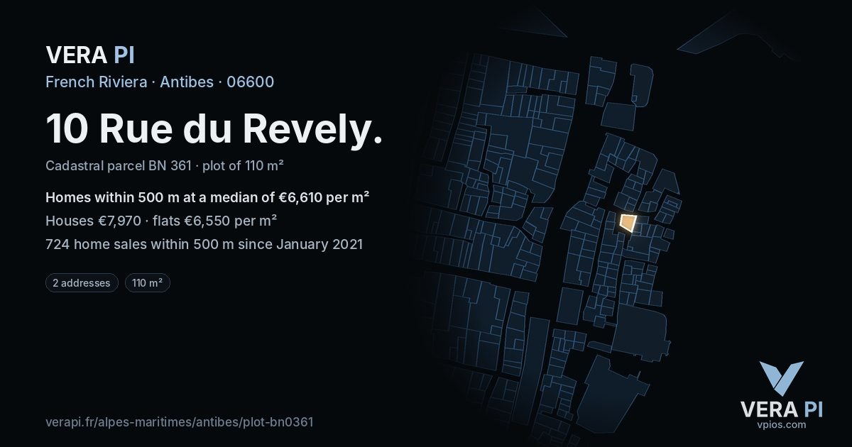 10 Rue du Revely, Antibes at night – the plot lit, the parcels around coloured by the prices near them