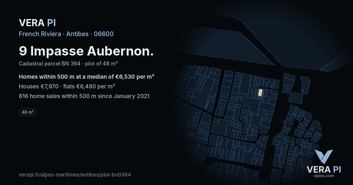 9 Impasse Aubernon, Antibes at night – the plot lit, the parcels around coloured by the prices near them