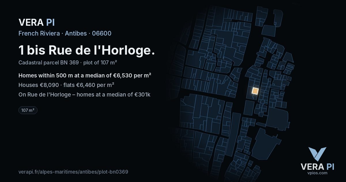 1 bis Rue de l'Horloge, Antibes at night – the plot lit, the parcels around coloured by the prices near them