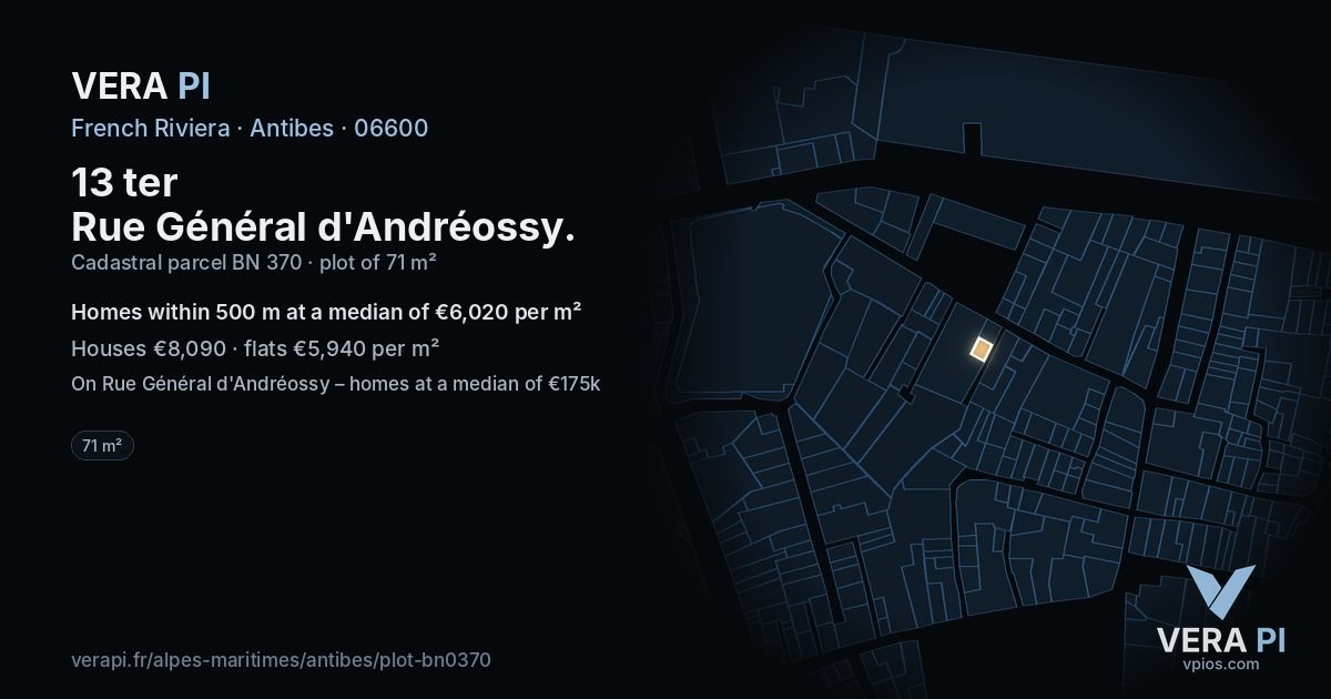 13 ter Rue Général d'Andréossy, Antibes at night – the plot lit, the parcels around coloured by the prices near them