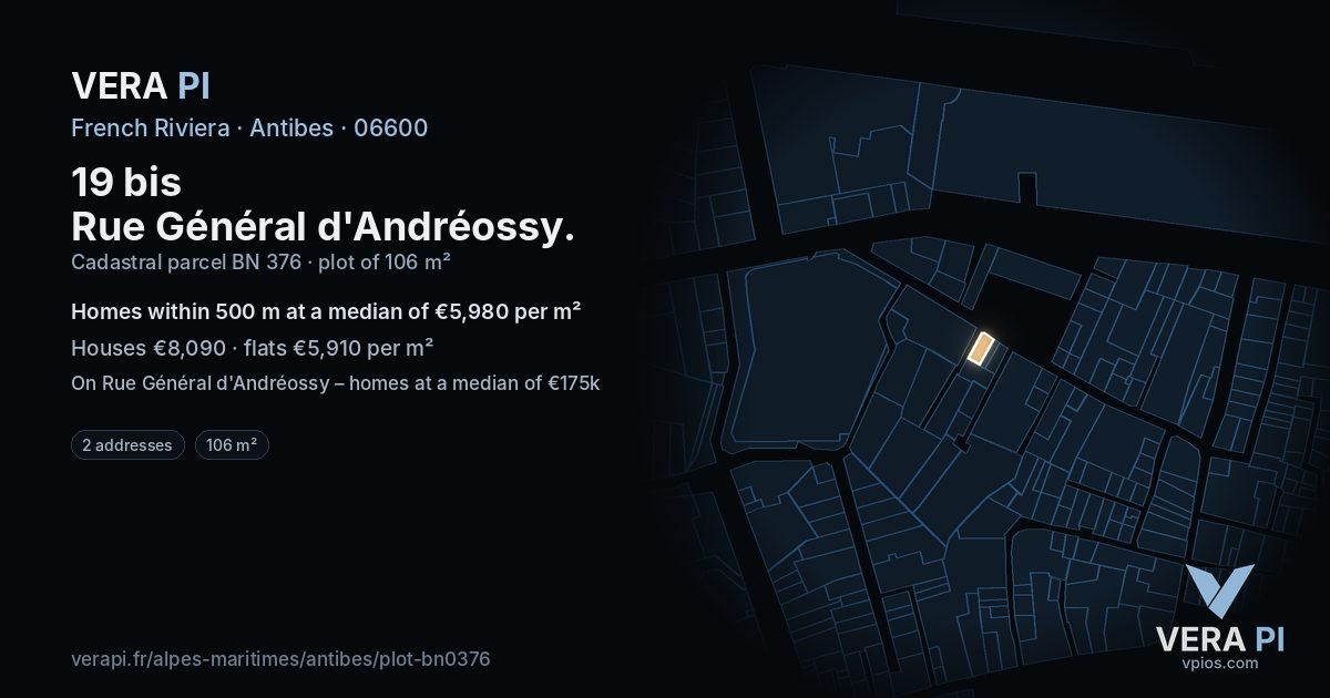 19 bis Rue Général d'Andréossy, Antibes at night – the plot lit, the parcels around coloured by the prices near them