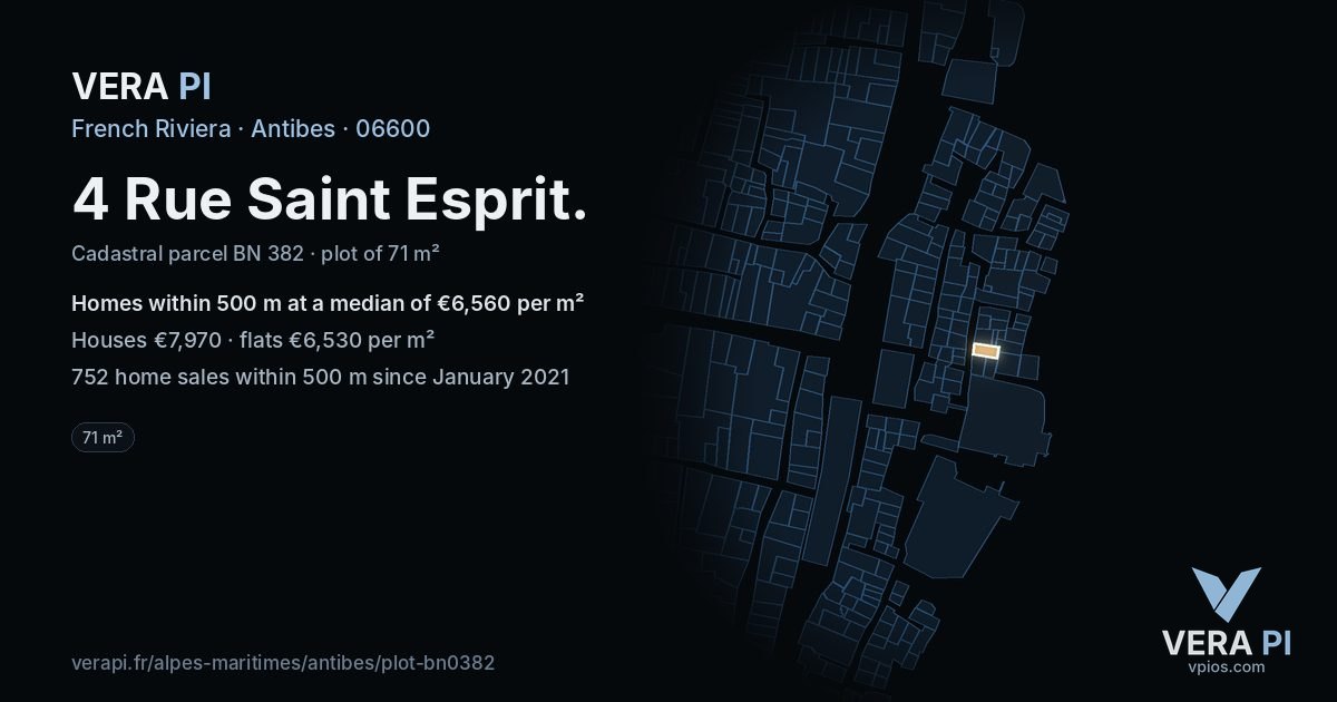 4 Rue Saint Esprit, Antibes at night – the plot lit, the parcels around coloured by the prices near them