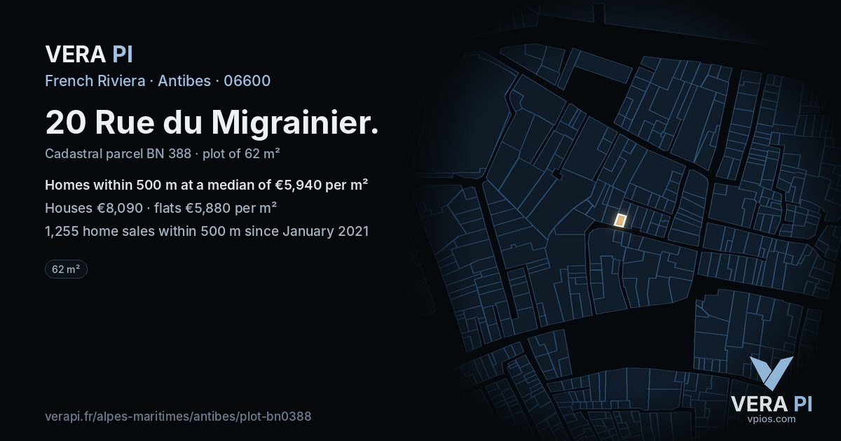20 Rue du Migrainier, Antibes at night – the plot lit, the parcels around coloured by the prices near them