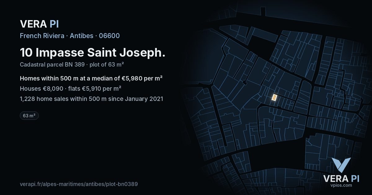 10 Impasse Saint Joseph, Antibes at night – the plot lit, the parcels around coloured by the prices near them