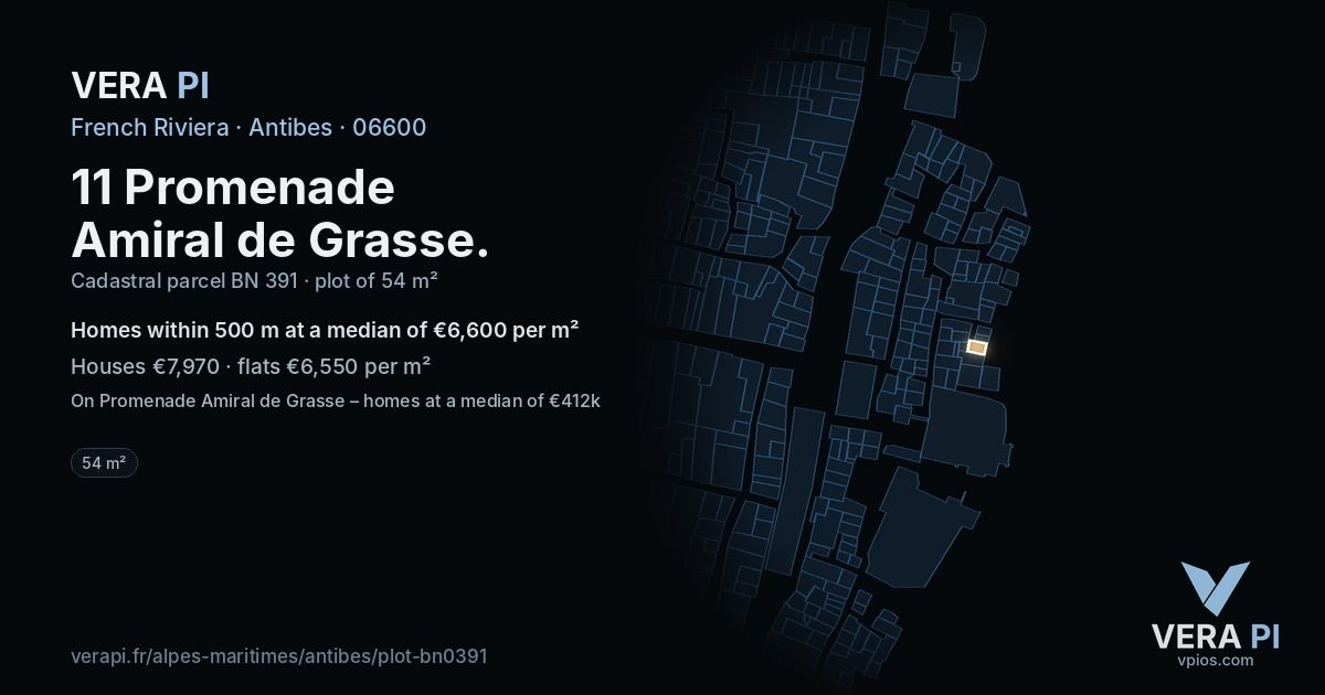 11 Promenade Amiral de Grasse, Antibes at night – the plot lit, the parcels around coloured by the prices near them