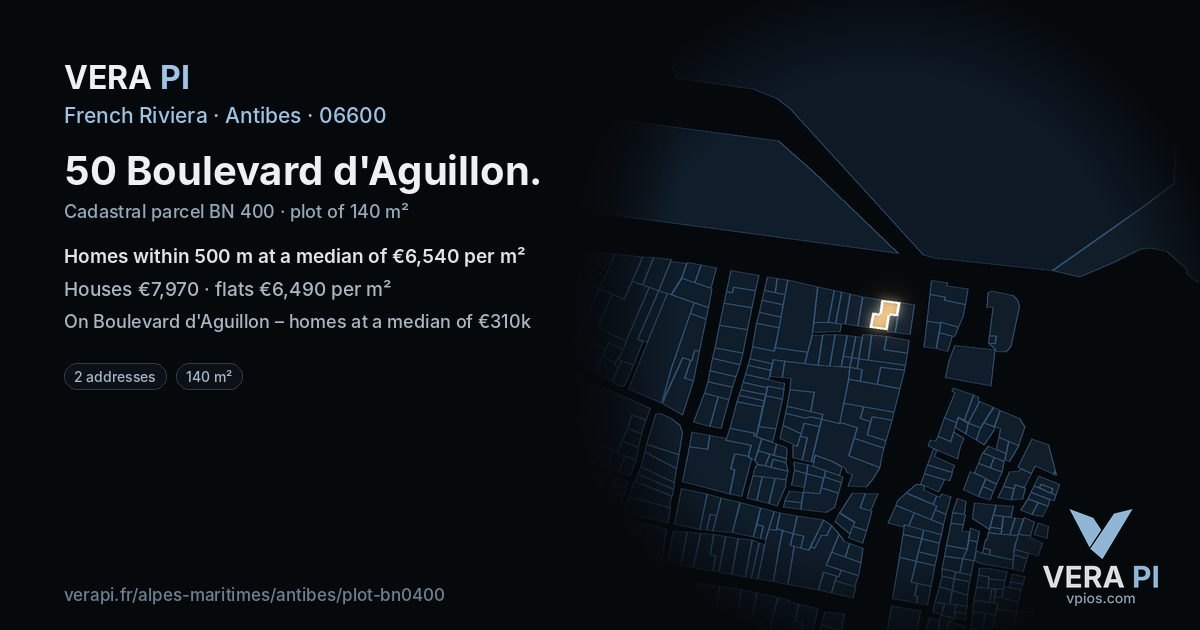 50 Boulevard d'Aguillon, Antibes at night – the plot lit, the parcels around coloured by the prices near them