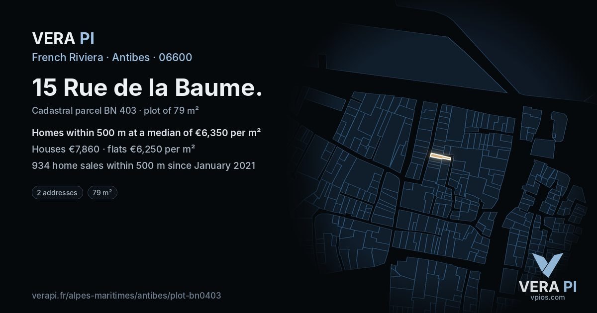 15 Rue de la Baume, Antibes at night – the plot lit, the parcels around coloured by the prices near them
