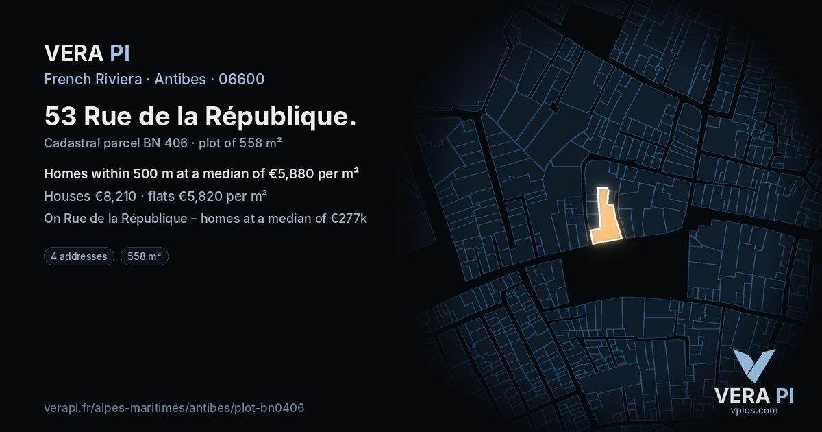 53 Rue de la République, Antibes at night – the plot lit, the parcels around coloured by the prices near them
