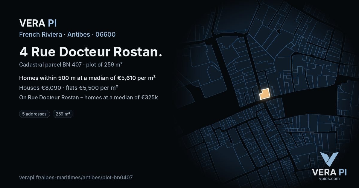 4 Rue Docteur Rostan, Antibes at night – the plot lit, the parcels around coloured by the prices near them