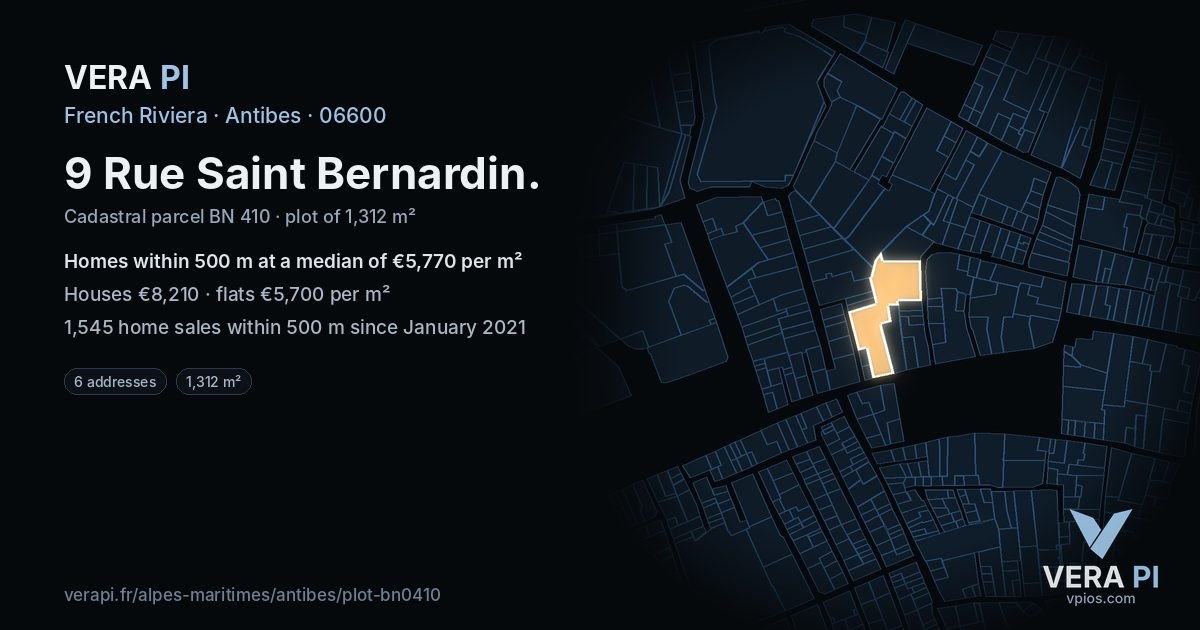 9 Rue Saint Bernardin, Antibes at night – the plot lit, the parcels around coloured by the prices near them