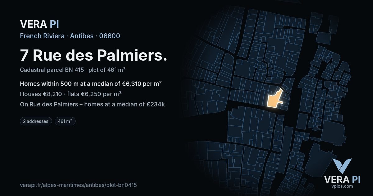 7 Rue des Palmiers, Antibes at night – the plot lit, the parcels around coloured by the prices near them