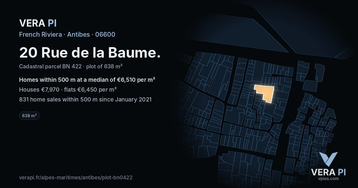 20 Rue de la Baume, Antibes at night – the plot lit, the parcels around coloured by the prices near them