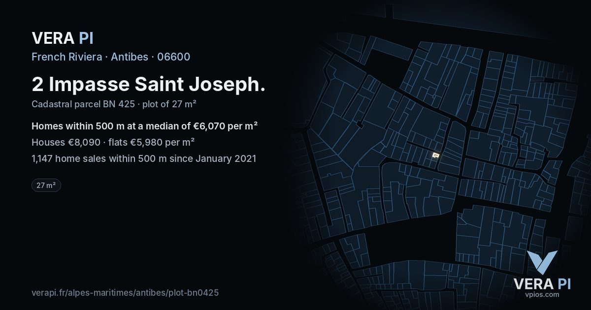 2 Impasse Saint Joseph, Antibes at night – the plot lit, the parcels around coloured by the prices near them