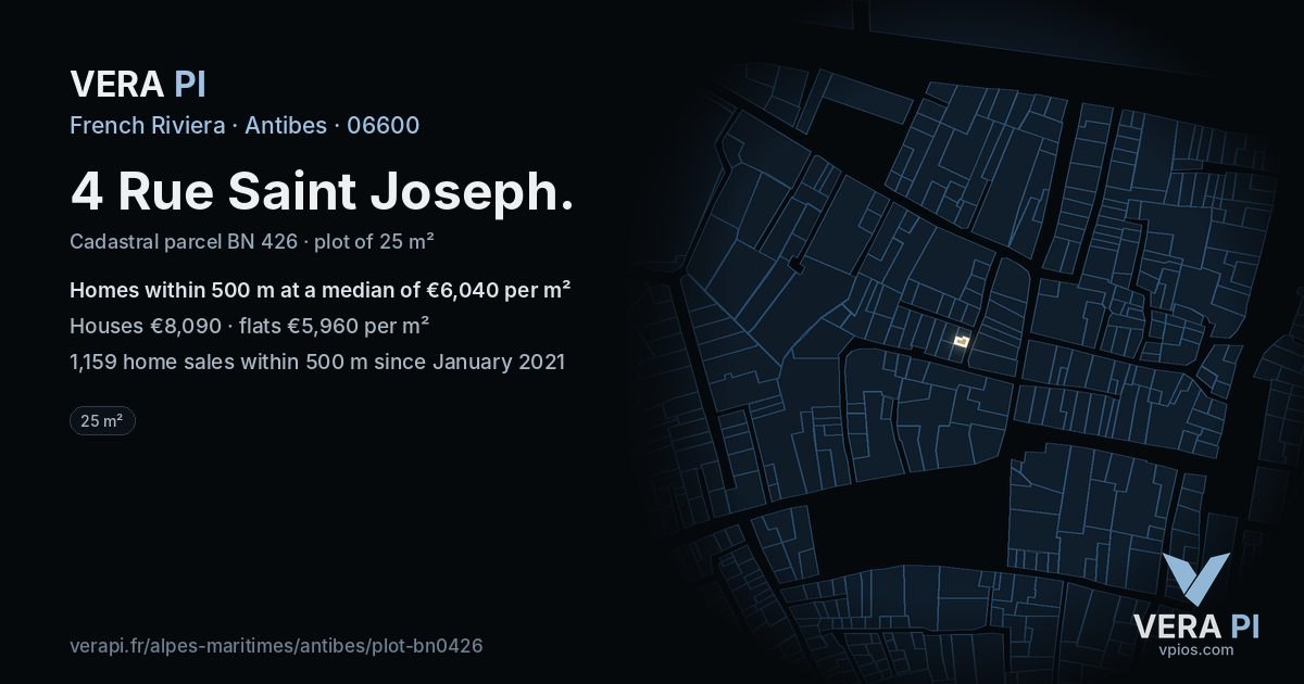 4 Rue Saint Joseph, Antibes at night – the plot lit, the parcels around coloured by the prices near them