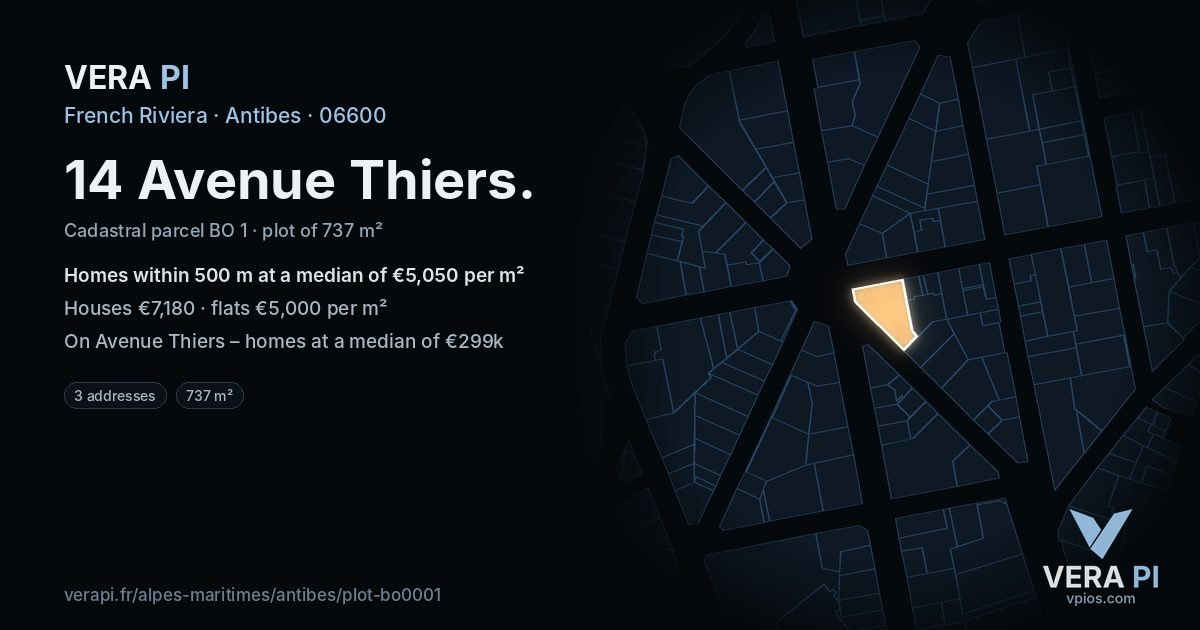 14 Avenue Thiers, Antibes at night – the plot lit, the parcels around coloured by the prices near them