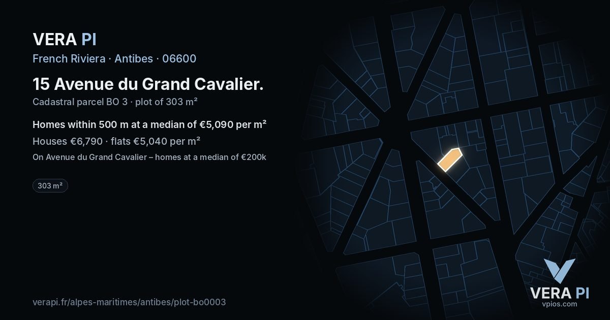 15 Avenue du Grand Cavalier, Antibes at night – the plot lit, the parcels around coloured by the prices near them