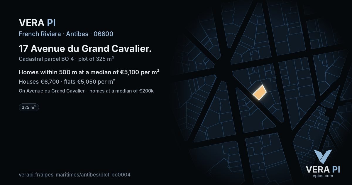 17 Avenue du Grand Cavalier, Antibes at night – the plot lit, the parcels around coloured by the prices near them