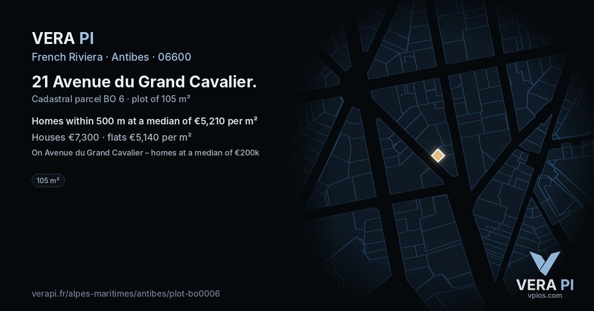 21 Avenue du Grand Cavalier, Antibes at night – the plot lit, the parcels around coloured by the prices near them