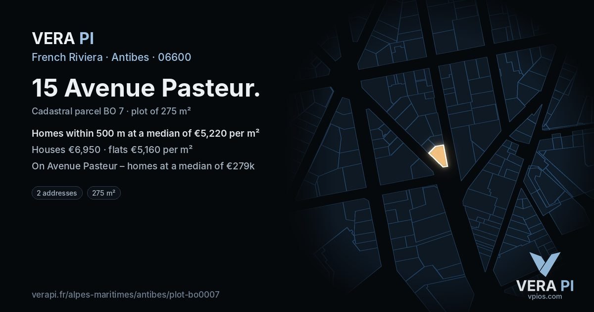 15 Avenue Pasteur, Antibes at night – the plot lit, the parcels around coloured by the prices near them