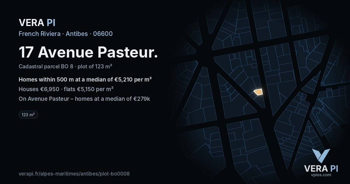 17 Avenue Pasteur, Antibes at night – the plot lit, the parcels around coloured by the prices near them