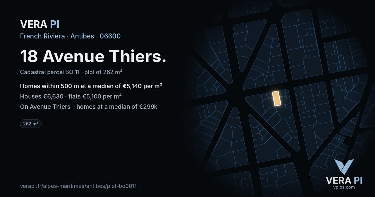 18 Avenue Thiers, Antibes at night – the plot lit, the parcels around coloured by the prices near them