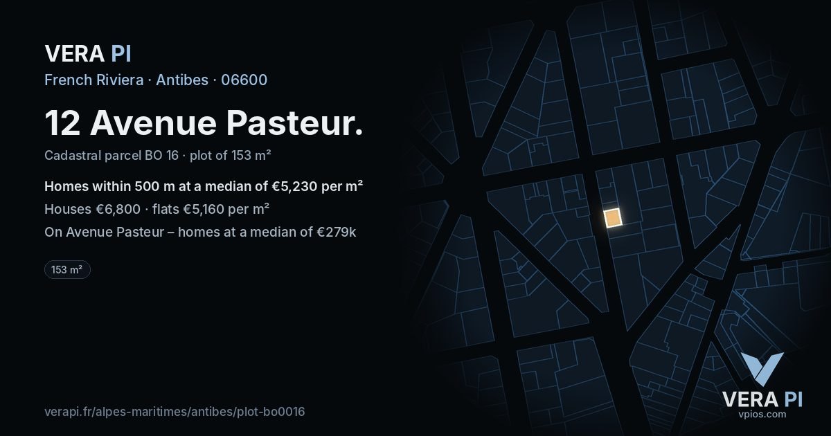 12 Avenue Pasteur, Antibes at night – the plot lit, the parcels around coloured by the prices near them