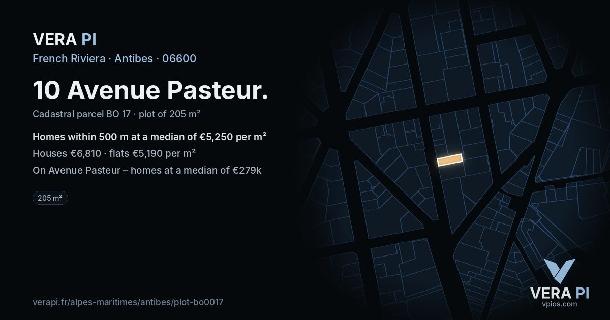 10 Avenue Pasteur, Antibes at night – the plot lit, the parcels around coloured by the prices near them