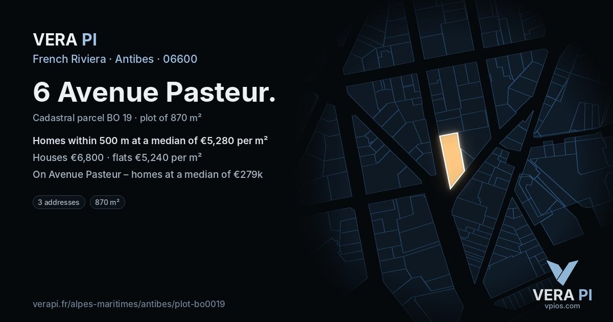 6 Avenue Pasteur, Antibes at night – the plot lit, the parcels around coloured by the prices near them