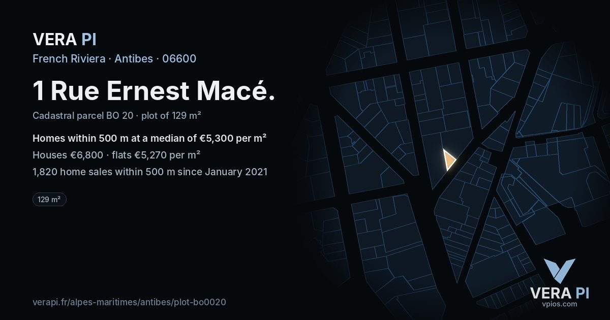 1 Rue Ernest Macé, Antibes at night – the plot lit, the parcels around coloured by the prices near them