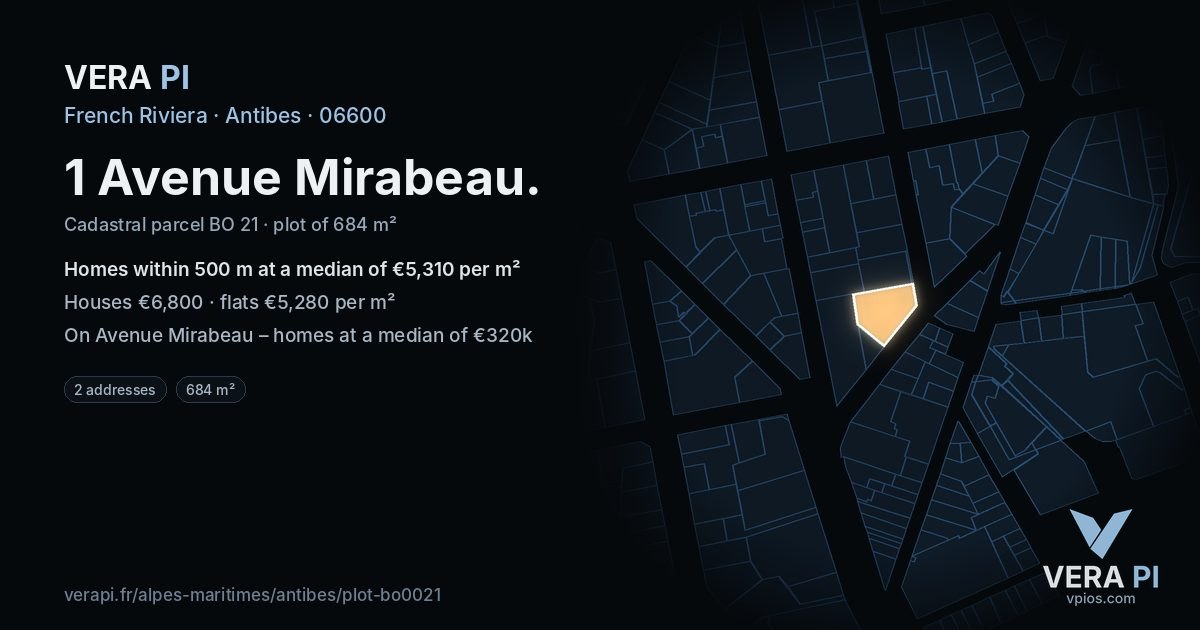 1 Avenue Mirabeau, Antibes at night – the plot lit, the parcels around coloured by the prices near them
