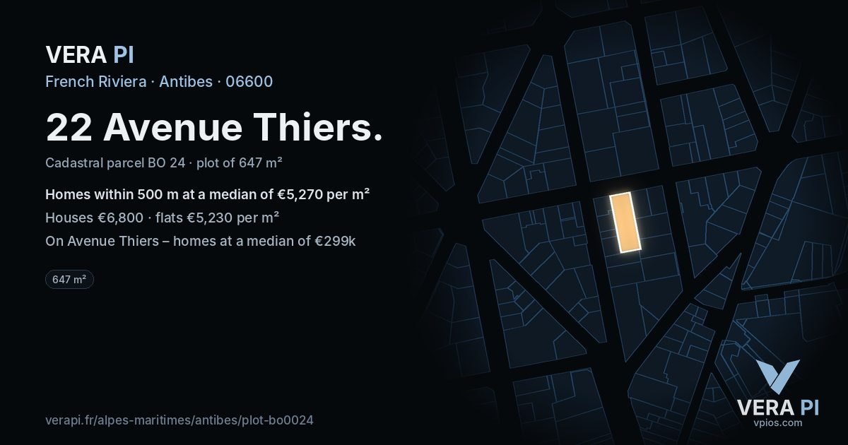 22 Avenue Thiers, Antibes at night – the plot lit, the parcels around coloured by the prices near them