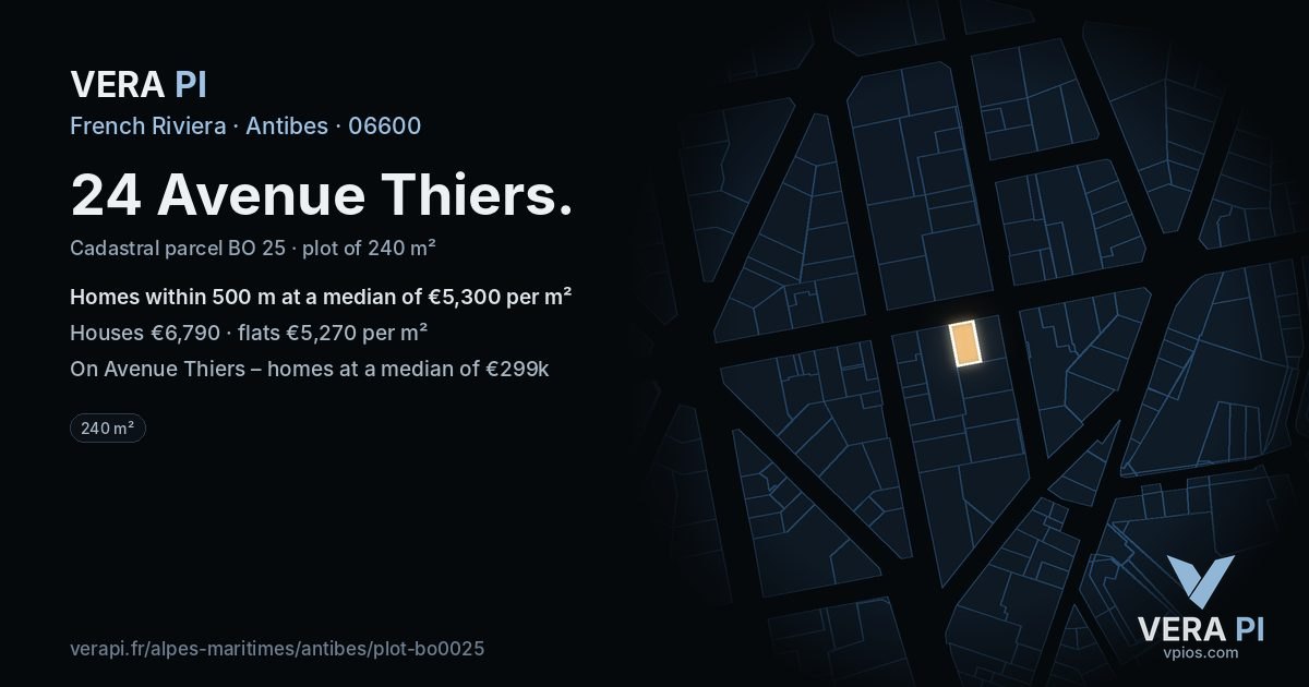 24 Avenue Thiers, Antibes at night – the plot lit, the parcels around coloured by the prices near them