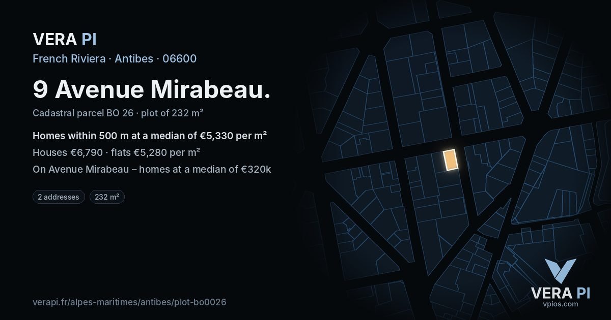 9 Avenue Mirabeau, Antibes at night – the plot lit, the parcels around coloured by the prices near them
