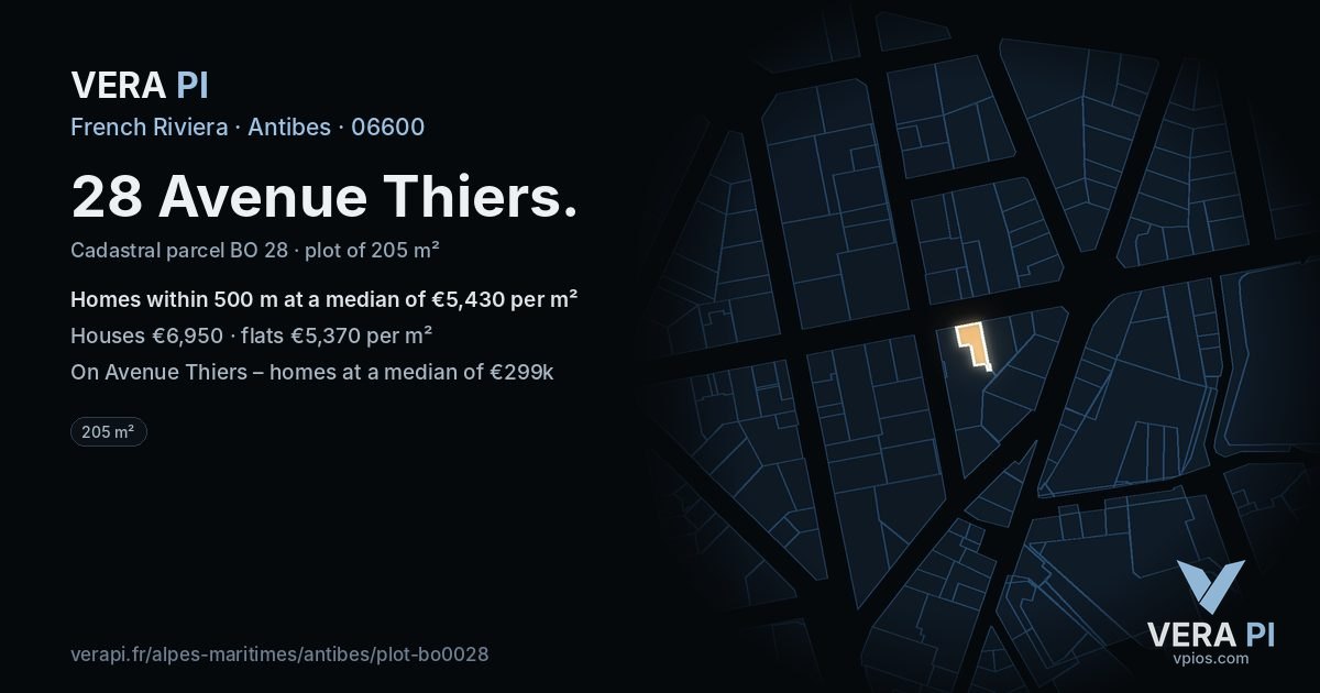 28 Avenue Thiers, Antibes at night – the plot lit, the parcels around coloured by the prices near them