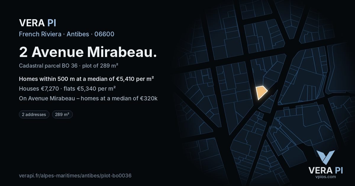2 Avenue Mirabeau, Antibes at night – the plot lit, the parcels around coloured by the prices near them