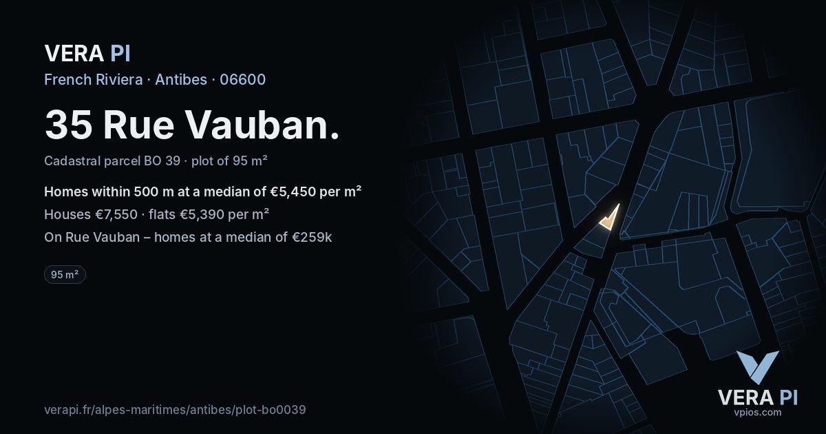 35 Rue Vauban, Antibes at night – the plot lit, the parcels around coloured by the prices near them